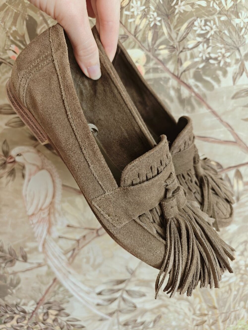 Zara Taupe Green Suede Fringe Tassel Moccasin Loafers Flats Sz. 37
